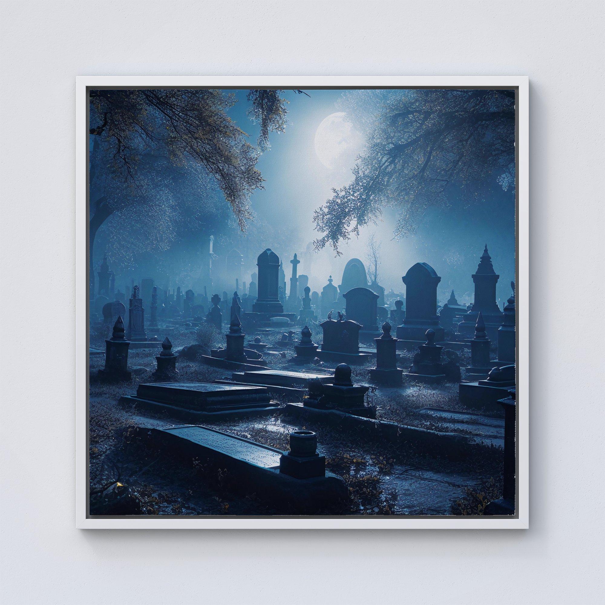 A Breathtaking Scene Of A Moonlit Graveyard Framed Canvas